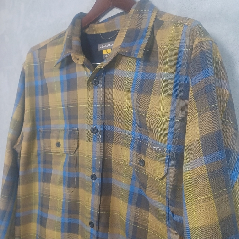 Eddie Bauer Travex Men’s Plaid Button Up Large Flannel Shirt Brown Blue Outdoor - Picture 5 of 13
